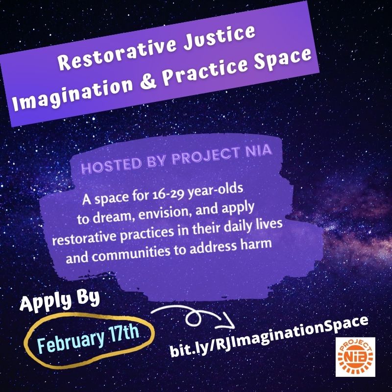 projectnia's tweet photo. Imagine restorative justice, then put it into practice.

Apply now for the Restorative Justice Imagination &amp; Practice Space! We're accepting applications now through Wednesday, Feb 17 at 11:59 pm EST! Apply here: https://t.co/ExFWSqH0FT https://t.co/IH66Qm7NSz