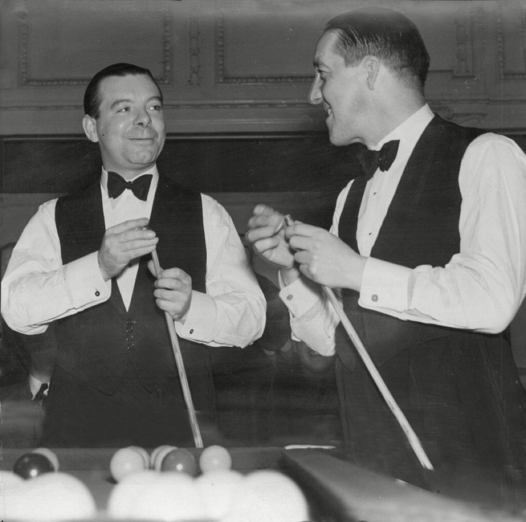 The legendary Joe Davis and Tom Newman pictured here before a snooker match at Houldsworth Hall (90 Deansgate) in 1939. His namesake, Fred would later win a world title there in 1954. Wythenshawe Forum hosted the last final in 1976 before it moved to The Crucible. 