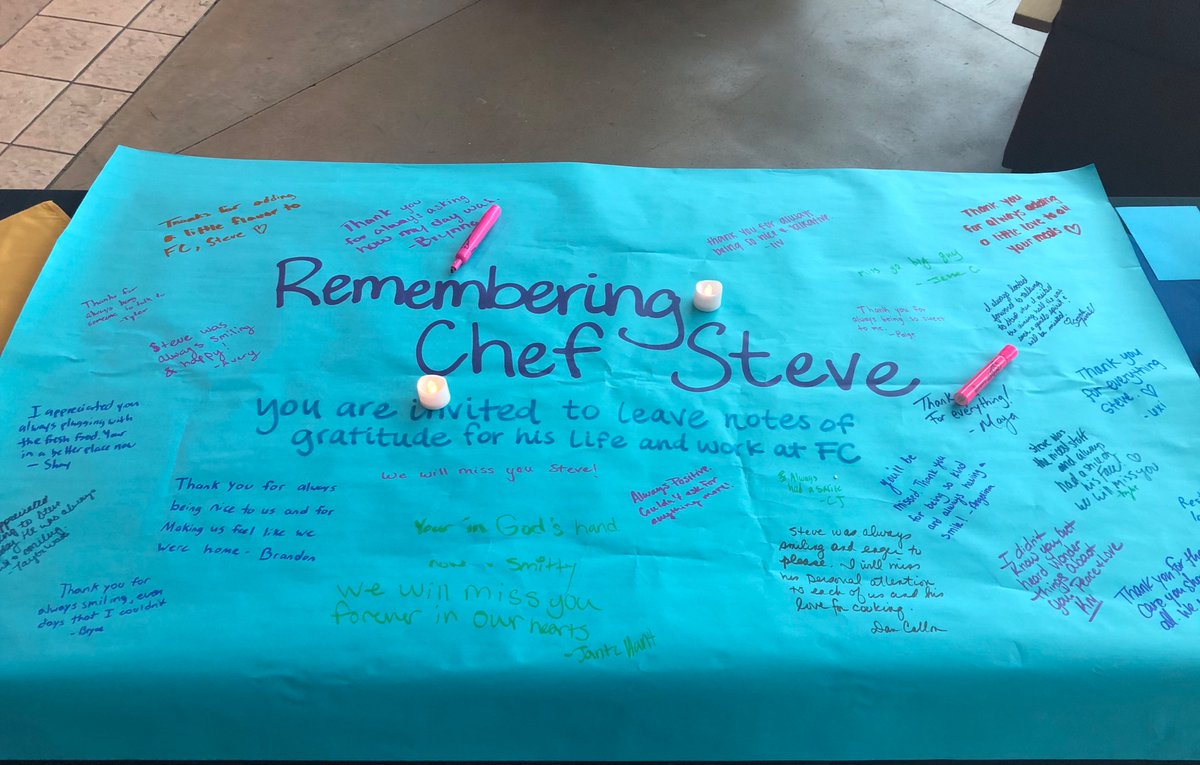 ChapelChats_FC's tweet image. We have spent the day reflecting on the what an impact Chef Steve had on our campus. We are thankful for the joy he shared with us, day in and day out. Please keep adding notes tonight in the atrium. Alumni are welcome to send notes to me to add to the collection for his family.