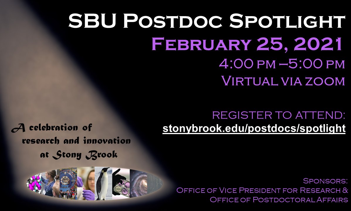 SBUGradProfDev's tweet photo. See our #SBUpostdocs describe their research in accessible 5 min talks at SBU Postdoc Spotlight!
Thu, Feb 25, 2021, 4pm
Support postdocs. Celebrate cool research.
Register to join us!
https://t.co/O01oE4biwB
@GradSBU @SBUArtsSciences @SoMAS @sbudeptofmed https://t.co/DCbUuYSpGt