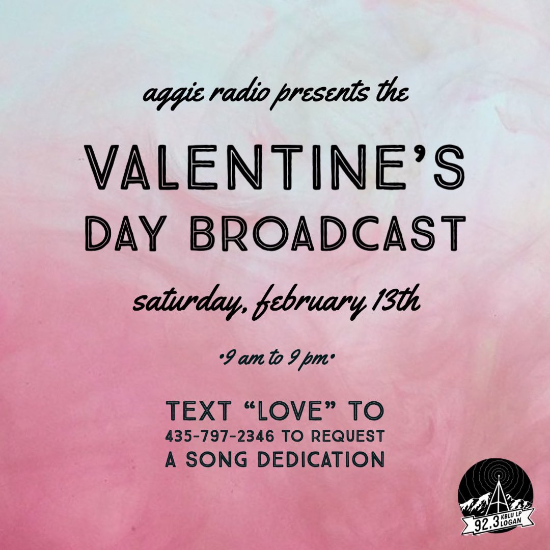 aggieradio's tweet photo. Looking for something to do for Valentine’s? Tune in to our special Valentine’s Day Marathon Broadcast on 92.3 or RadioFX and dedicate some songs to the people you love (or to that person that broke your heart) by texting the number on the graphic! https://t.co/fXnMs6QDF4