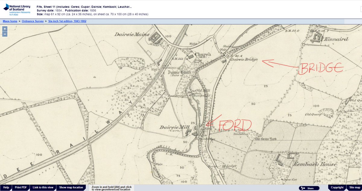 The OS 1st Edtion, 6-inch, 1854, shows a ford a short way to the west at Dairsie Mill. This is likely the original crossing point before the construction of the bridges and was likely the crossing point of many pilgrims heading to St Andrews cathedral. https://maps.nls.uk/view/74426828#zoom=6&lat=8163&lon=9154&layers=BT