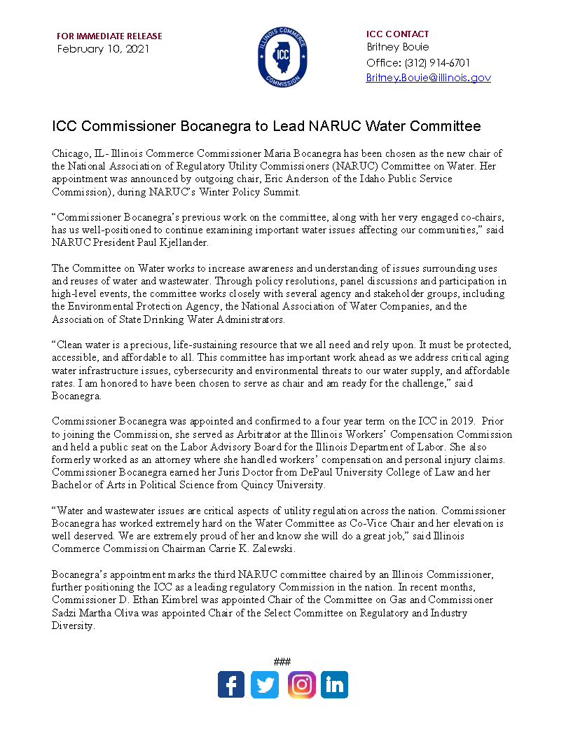 ILCommerceComm's tweet photo. ICC Commissioner Maria Bocanegra to Lead NARUC Water Committee. To read the press release, visit https://t.co/lOazuc46xp
#illinoiscommercecommission #publicutilities #publicutilitycommission #water https://t.co/rwdbbbEsCE