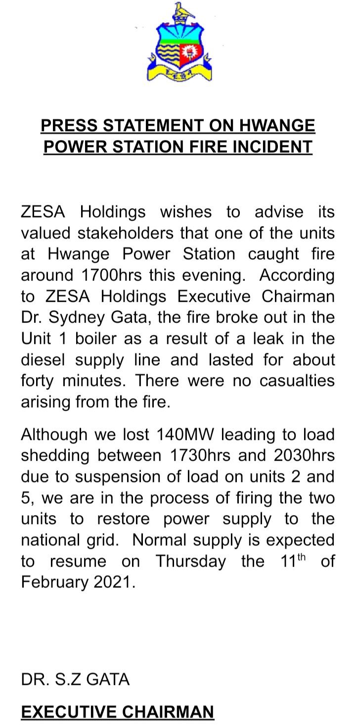 Newzwire On Twitter Zesa Update The Fire At Hwange S Power Station Resulted In A Loss Of 140mw No Casualties And No Major Damage Supply Expected To Resume Thursday Https T Co Gdyqe6nn3z Https T Co Hngvqtkvbb