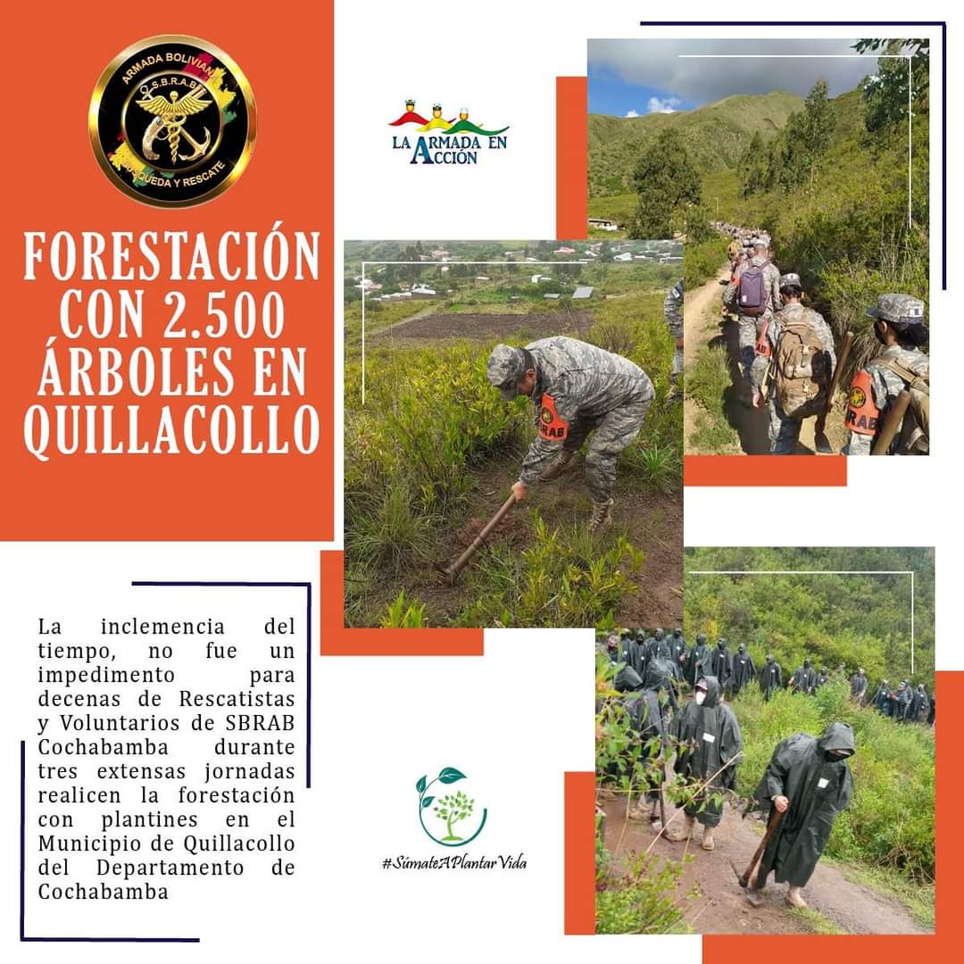 ArmadaBoliviana's tweet photo. 🎥🇧🇴🔱#SúmateAPlantarVida🤝🌿🌱
La inclemencia del tiempo, no fue un impedimento para que decenas de Rescatistas y Voluntarios del #SBRAB "#Cochabamba" durante tres extensas jornadas realicen la forestación con plantines en el Municipio de #Quillacollo.
🔱#ReporteNaval https://t.co/S7FFBTZOnP