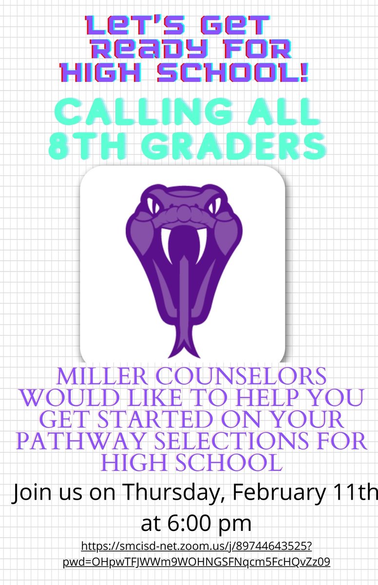 MillerCounselo1's tweet photo. Attention ALL 8th Graders and Parents/Guardians: We will be hosting an information session for 8th graders to complete a survey that you will need to complete in order to register for your high school courses! Please join us! https://t.co/IC8VjoVQKS