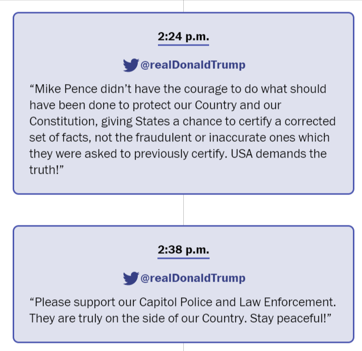 30 minutes later, the mob (which is what they are at this point) breaks into the Capitol. At that same time, Trump tweets: