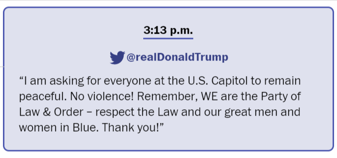 Few minutes later, Ashli Babbitt, an Air Force veteran and avid Trump supporter, is shot by Capitol Police while trying to get into the Speaker’s Lobby.At this point, Trump probably realized he had lost control, and tweets the following.