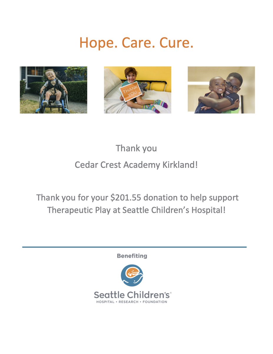 Change4Children's tweet photo. The wonderful students at Cedar Crest Academy Kirkland Campus filled up their jar and made their donation to @SeattleChildren's earlier this month! 

Would your child's school, community group or workplace like to get involved? Please contact us for more details! https://t.co/kNc9lorW5i