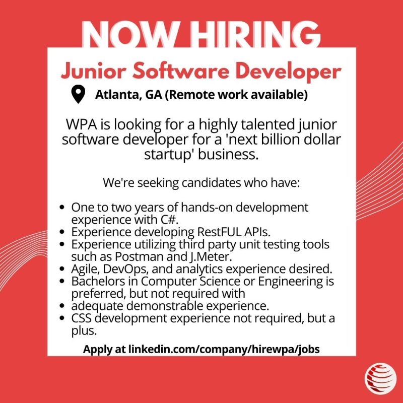 hirewpa's tweet image. We’re #hiring! We’re seeking a #JuniorSoftwareDeveloper for a ‘next billion dollar #startup.’ Apply now!
#SoftwareDeveloper #Tech #TechJobs #Developer #JobAvailable #PositionAvailable #JobSearch #Apply #GoWPA #HireWPA