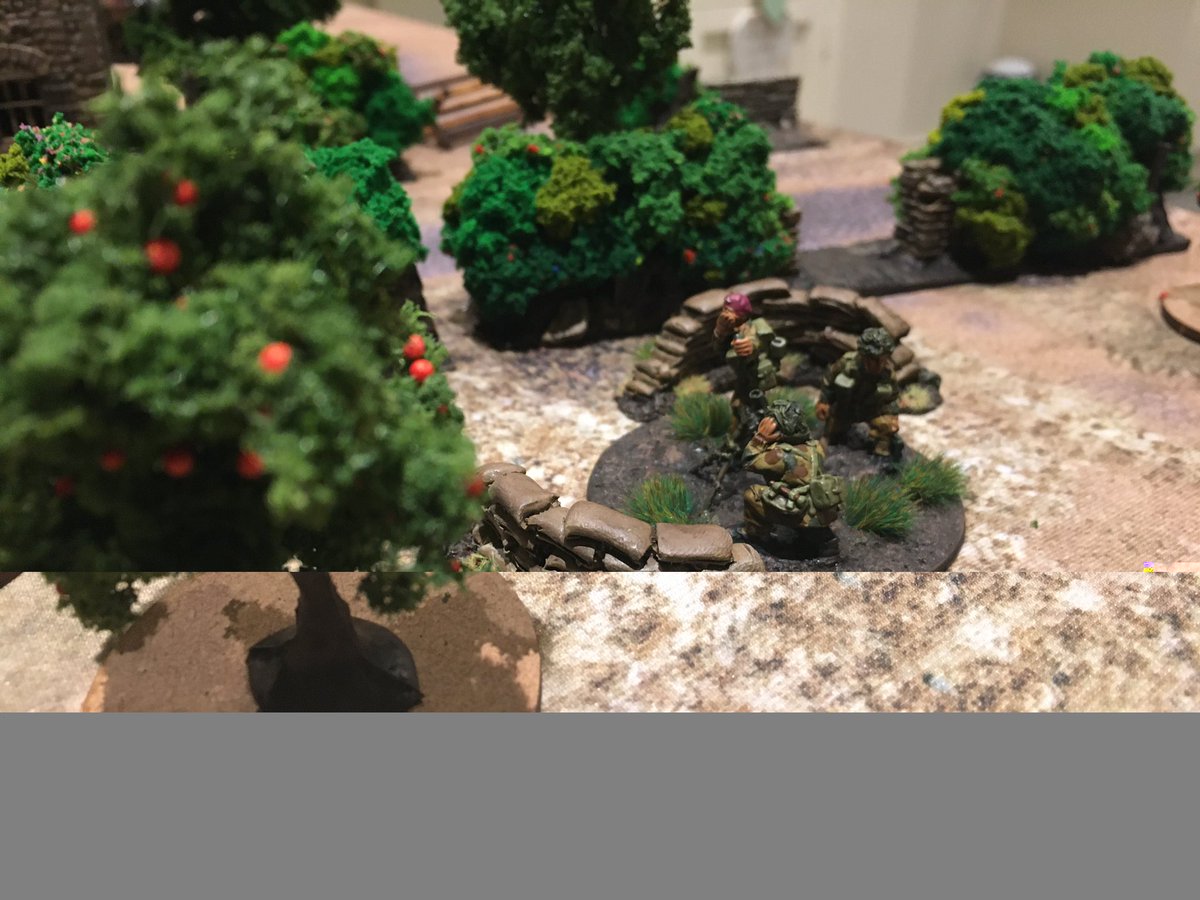 Neatly, but nevertheless deeply dug into the adjoining farmhouse orchard the Para 3” mortar would prove a decisive asset. Clearly Cpl Barnes and his crew had bedded in well, rapidly ranged in the approaching German PzGrenadiers, pinning them heavily and inflicting heavy losses.