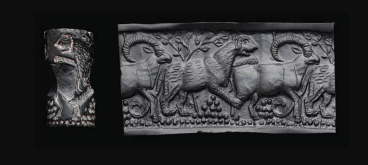 I Iran and Mesopotamia, Leopards and Ibexes are often depicted together, leopard chasing ibex...Like on this Late Uruk/Jemdet Nasr Period seal, dated to 3200-3000 BC  http://oldeuropeanculture.blogspot.com/2020/08/ibex-and-leopard.html