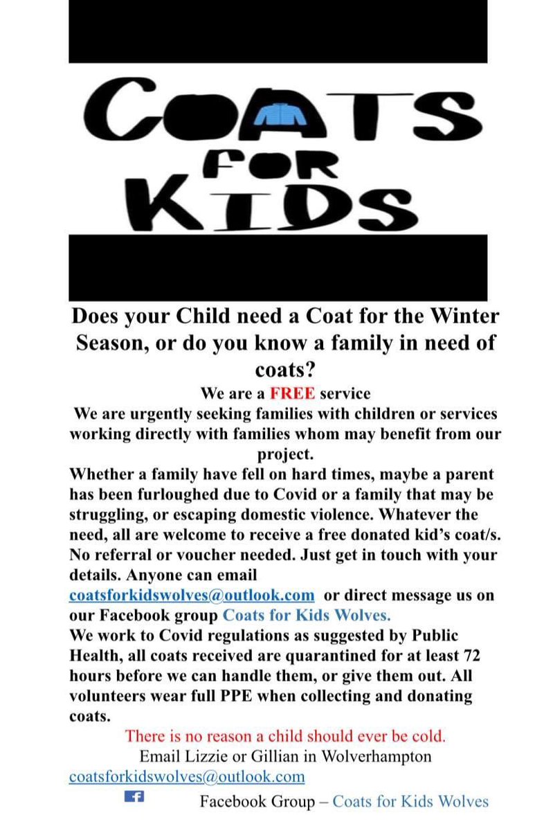 KidsWolves's tweet image. Do you know a child, adult or family in need of a coat, we have 100’s of coats ready to get out in the community. With the snow on the way please let’s get the word out! email or inbox us thanks @wolves_hub @Thesanctuarywo1 @WolvesVSC @WolvesCouncil @WolverhamptonSF