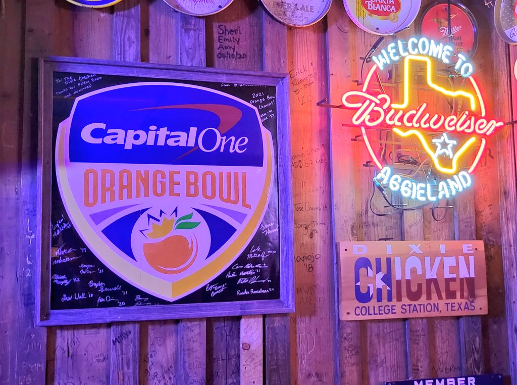 thedixiechicken's tweet photo. We got some new art up on the walls of the #DixieChicken!! Thanks to our friends at @TAMUequipment for giving us a piece of @aggiefootball history and for signing it!

#orangebowl🍊 https://t.co/kOI7G1MgrA