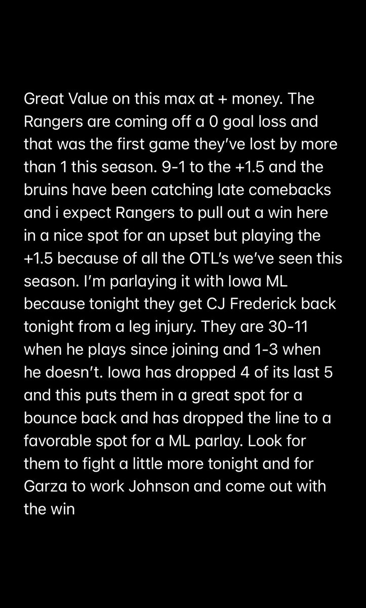 If today’s card doesn’t profit I’m sending $100 to 2 people who RT this tweet🥊

-

CBB
BC +2 (-105)
G Tech +4 (-110)
UVA/G Tech O125.5 (-110)
Nova -11 (-110)
SJSU +30 (-110)

NHL
Rangers +1.5 (-160)
Rangers TT O2.5 (-110)
Habs ML (-105)

🔥MAX PLAY🔥
Rangers +1.5/Iowa ML (+119)