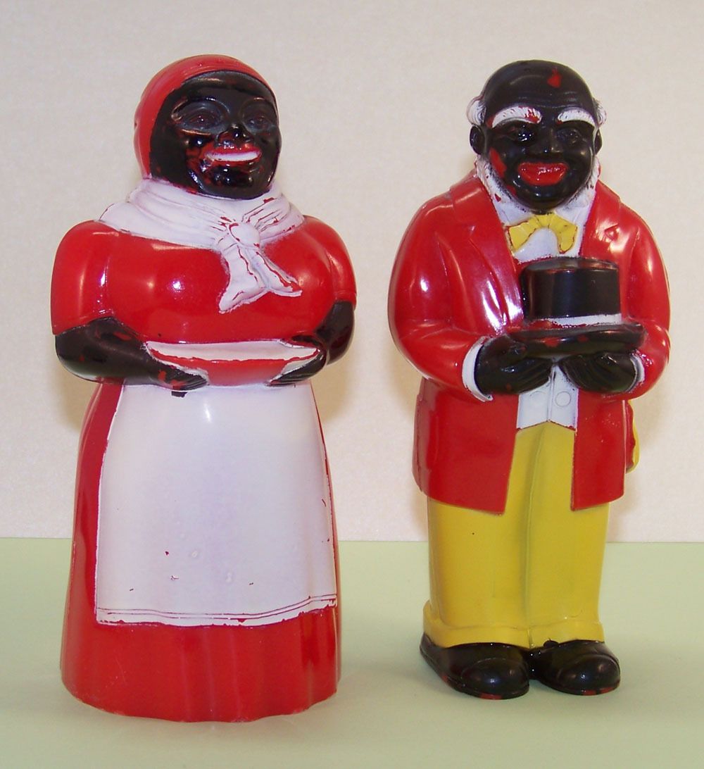 ...the Aunt Jemima and Uncle Mose salt and pepper shakers common in 19th c. and 20th c. US households (suitable, since the Aunt Jemima brand was finally re-branded yesterday!  https://www.cbsnews.com/news/aunt-jemima-rebranded-pearl-milling-company/ )...