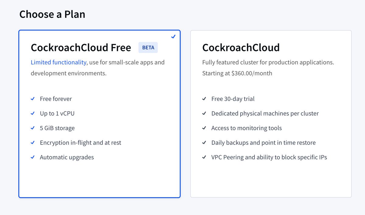 exciting news: we've released our *free forever* tier of <a href="/CockroachDB/">CockroachDB</a> on Cockroach Cloud.

a lot of you have been asking about this - now is your chance to sign up and try it out!

cockroachlabs.cloud