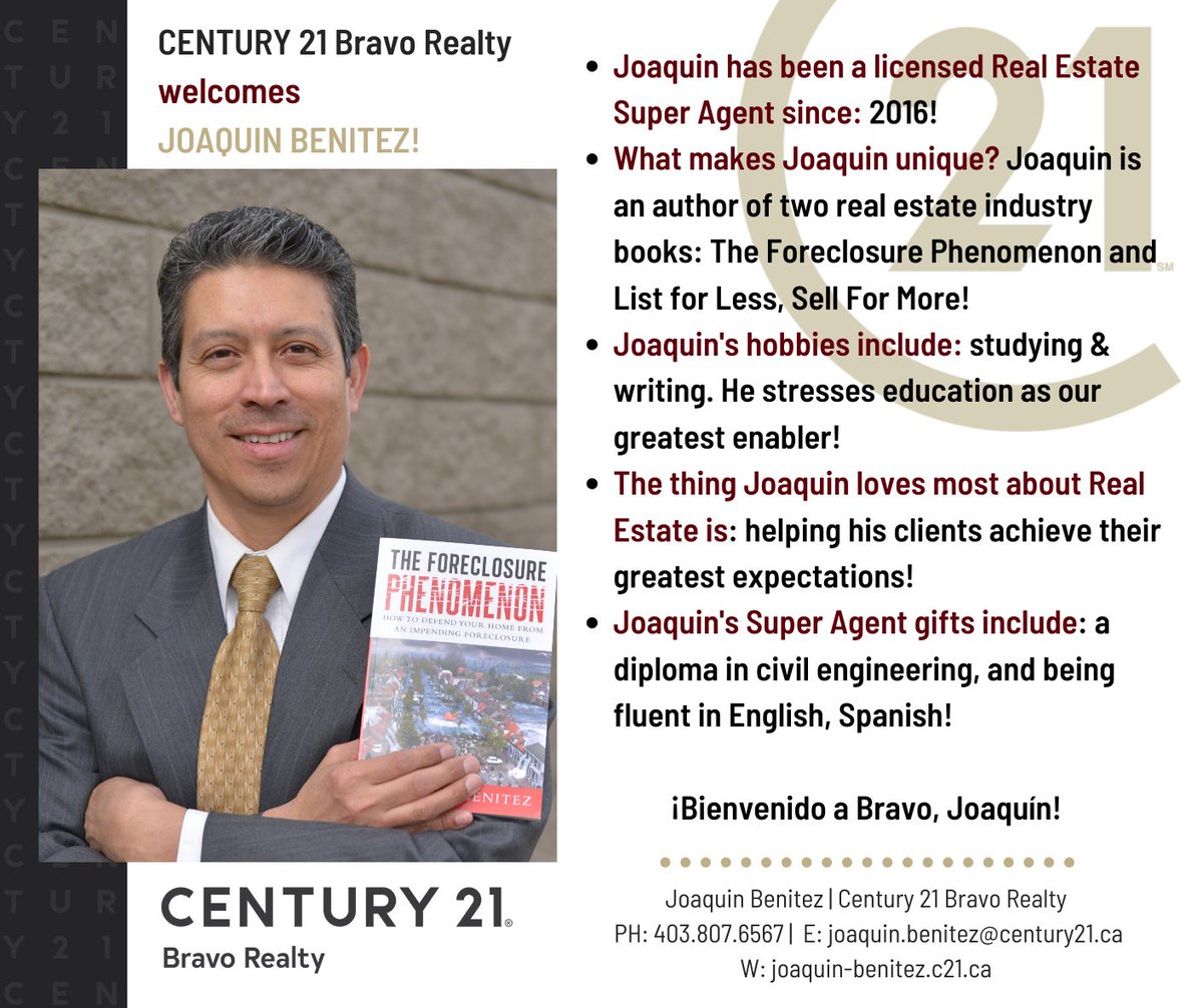 WELCOME TO @c21bravorealty
 , #JoaquinBenitez #Author, #Realtor #C21SuperAgent! #Bravo!

#JoaquinBenitezRealtor #C21SuperAgent #CalgaryRealtor #YYCRealtor #C21BravoRealty #SOLD #foreclosures #Sales #SOLD #HomesBuyers #HomesSellers  #realestate #realestateagent @CENTURY21Canada