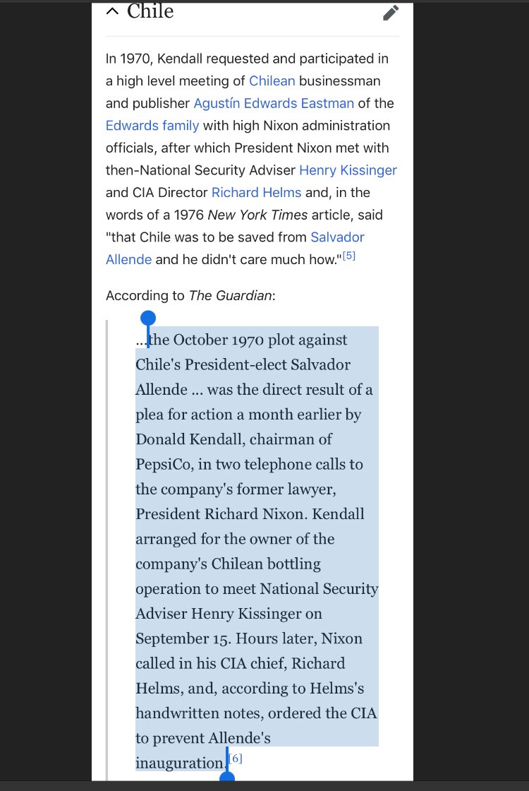 4/ The Pepsi CEO Donald Kendall (d. 2020) was a major political player - famously on the Nixon Watergate Tapes. Wait, something worse? Kendall was also involved in the coup against Chilean leader Salvador Allende with Kissinger & ClA Director HeIms.Strange for a soda CEO...