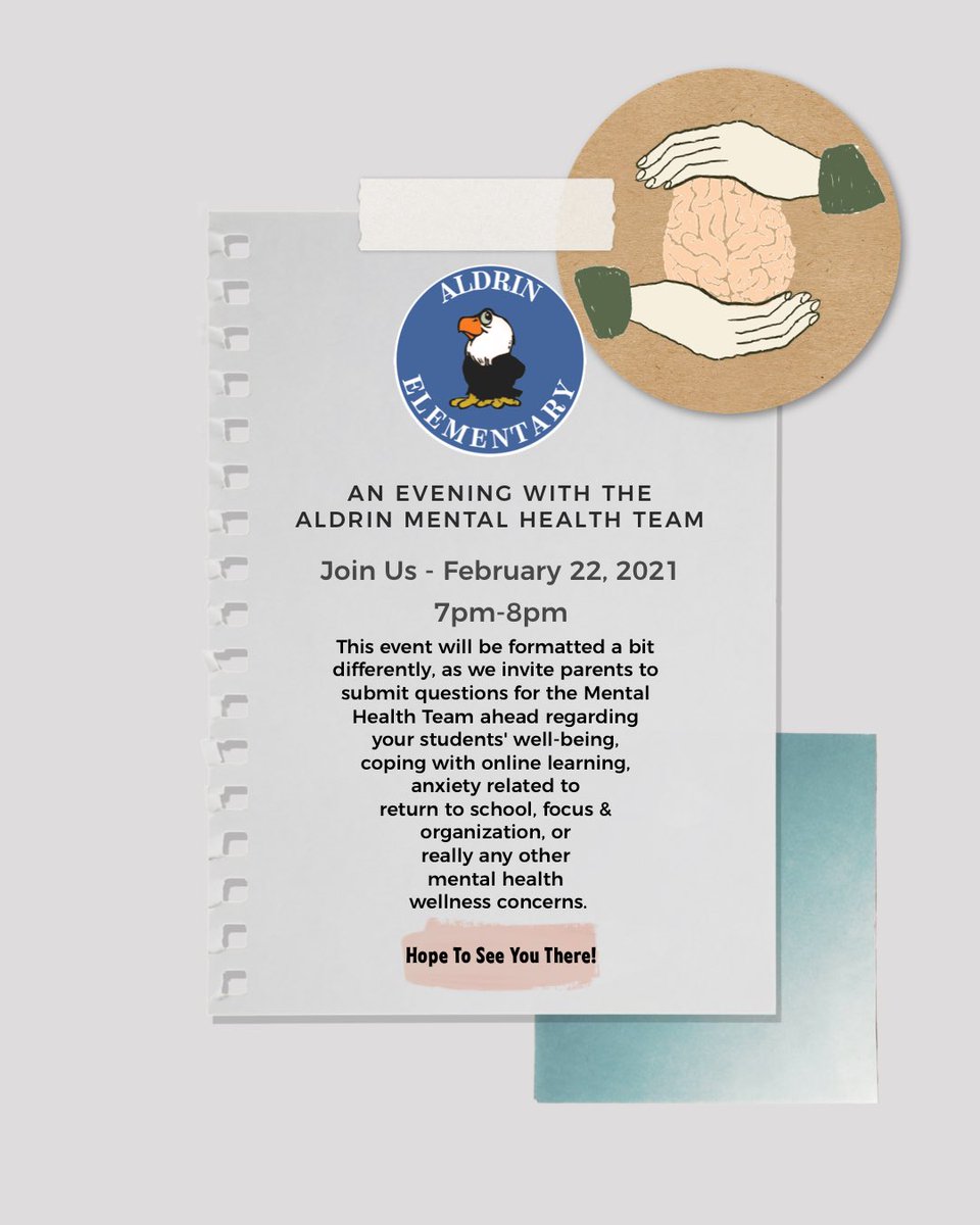 AldrinEagles's tweet photo. An Evening with the Aldrin Mental Health Team: Join Us - February 22, 2021 from 7pm-8pm. @aldrineaglespta @FCPSRegion1 @fcpsnews @FCPS_SCS @FCPSPsychs #AldrinStrong https://t.co/H5kW9HJE2X https://t.co/sR1p9vmbtE