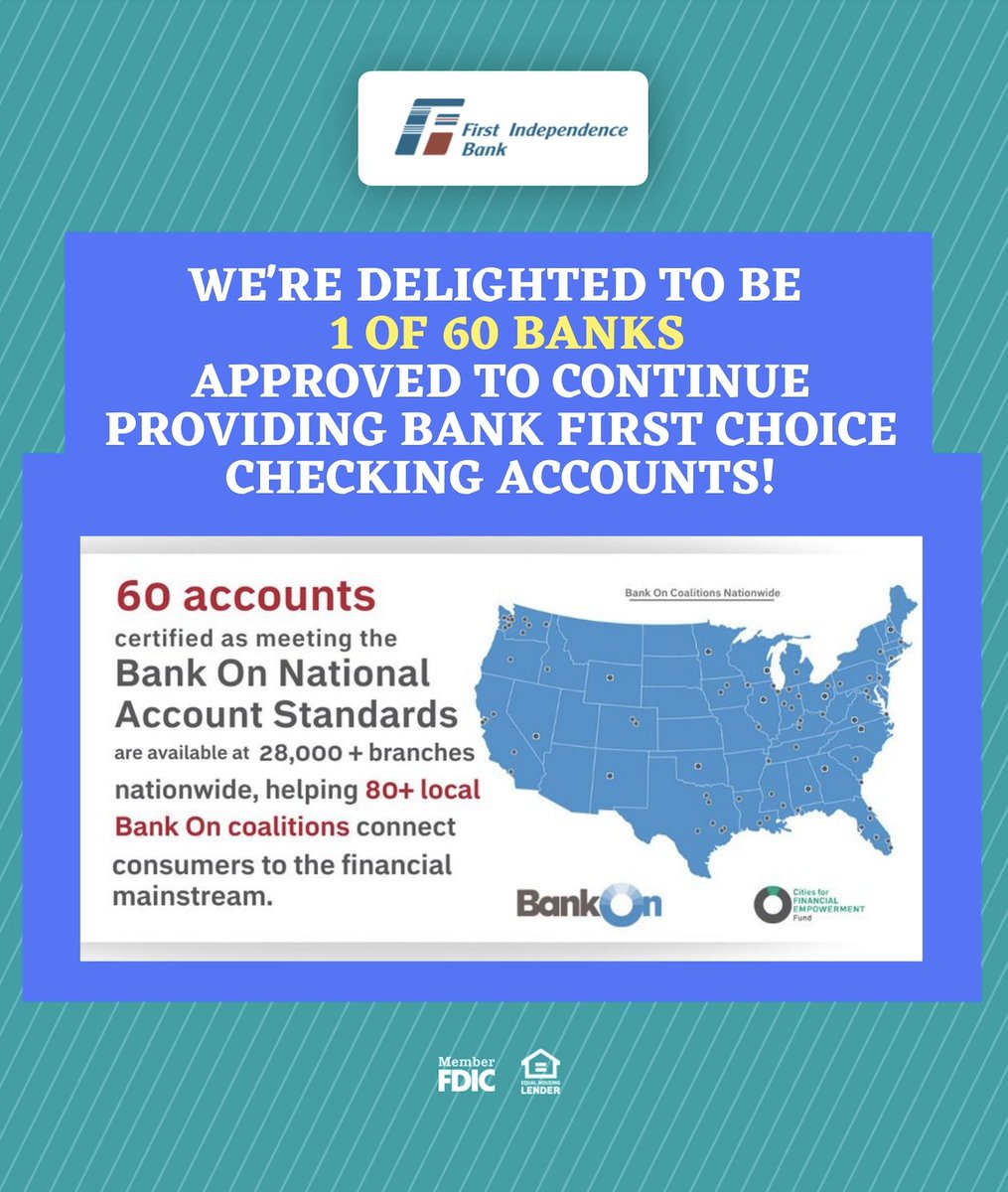 ficonnected's tweet photo. #GreatNews! We’re excited to announce #FirstIndependenceBank will be able to continue providing #BankFirstChoiceCheckingAccounts to those in the communities that we serve.
We look forward to continuing our #partnership with the @cfefund on this much-needed effort!
#ficonnected https://t.co/We2GCnTGPF