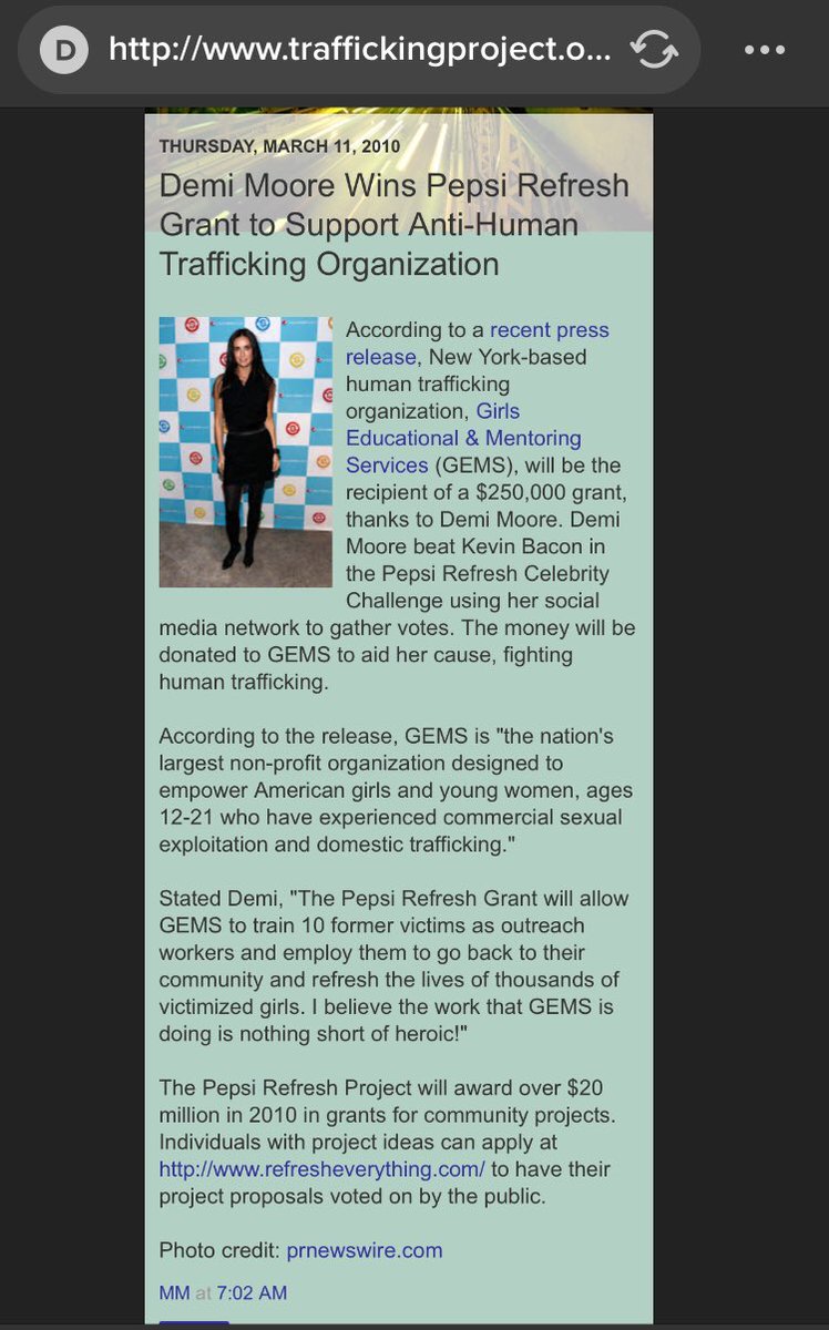 5/ Pepsi also owned Aquafina; there was a great thread on Twatr on bottled water’s connection to human trafficking. (Apparently the original thread was banned)However we can see that Pepsi works with Demi Moore who’s married to Ashton Kutcher, heavily involved in...