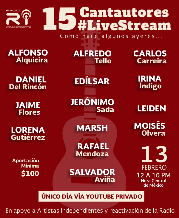 ¡YA SOLO 3 DÍAS! Este 13 de Febrero tenemos un evento virtual impresionante, 15 Grandes Cantautoras y Cantautores se reúnen en un increíble Concierto para ti, 10 horas con lo mejor de su repertorio. ¡Comparte por favor, que nadie se lo pierda!
TODA LA INFO PARA TU ACCESO INBOX