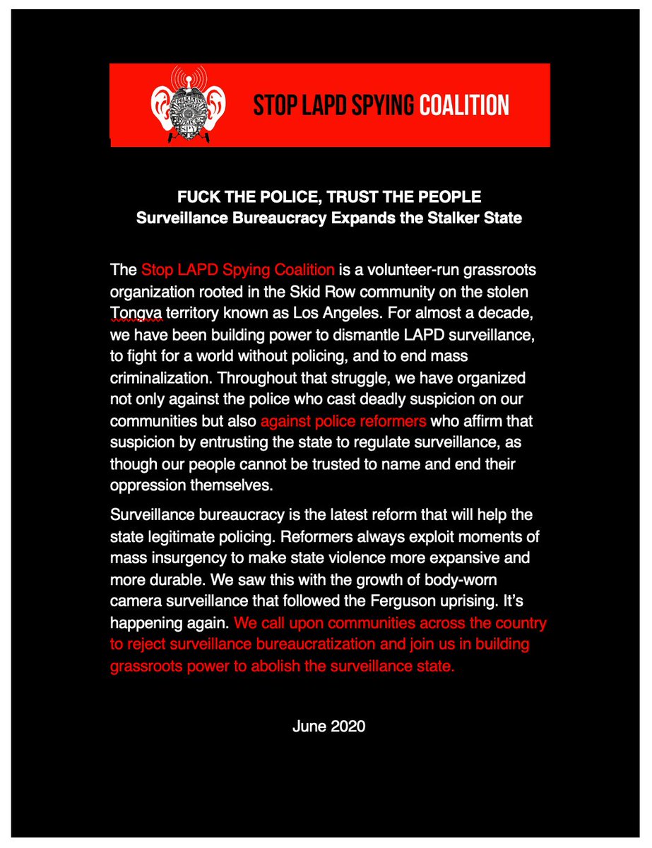 Last summer  @stoplapdspying put out a critical analysis of surveillance bureaucracy laws, warning they will expand surveillance  https://stoplapdspying.org/wp-content/uploads/2020/06/TRUST-THE-PPL-not-the-POLICE.pdf