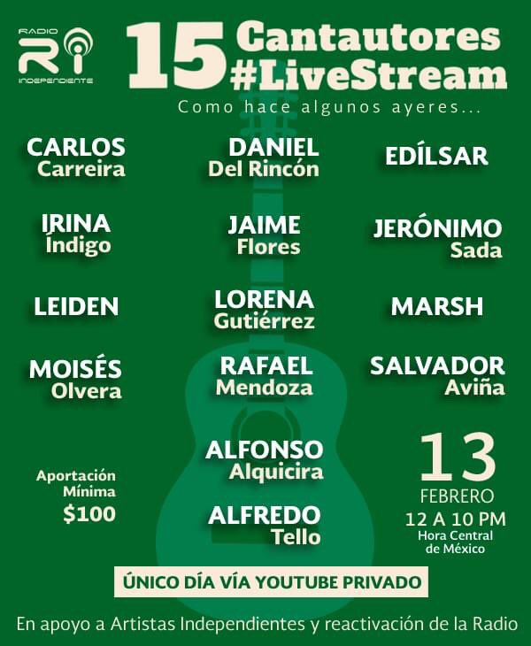 No se pierdan este gran evento organizado por <a href="/RadioIndependie/">Radio Independiente</a> y en el que tengo el honor de estar invitado junto a estas grandísimas y grandísimos cancionistas.  👇🏽