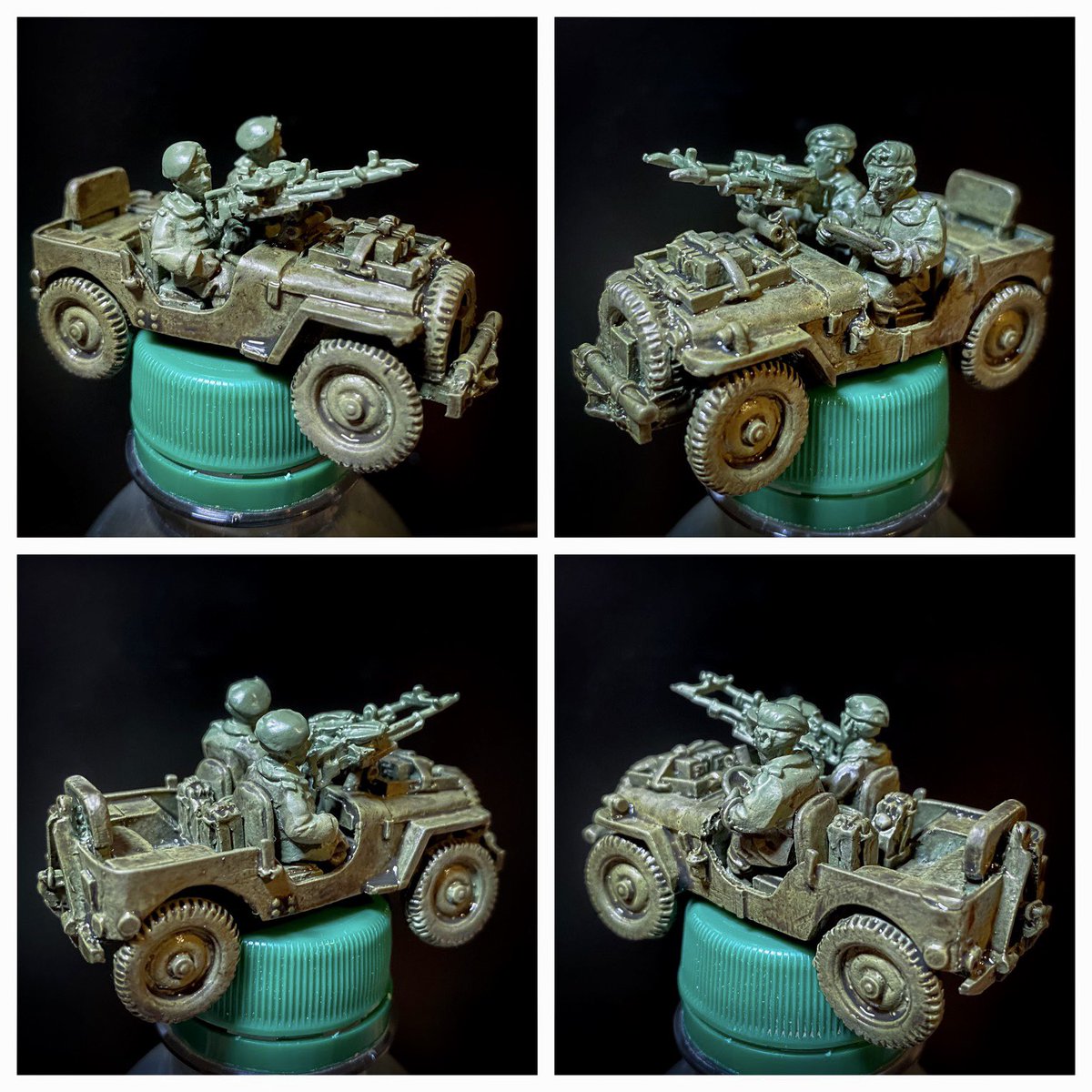 tinyterrain's tweet photo. WIP 28mm British Airborne Jeep: Made a start on the bodywork 1) Koba Green Spray 2) Drybrush Val. Green Grey 3) Drybrush 50/50 Val. Green Grey/Middlestone 4) Drybrush Val. Middlestone 5) Agrax Earthshade Wash. Need to let it dry before I move on #CoC #FallenHero https://t.co/iI3iY0dzuT