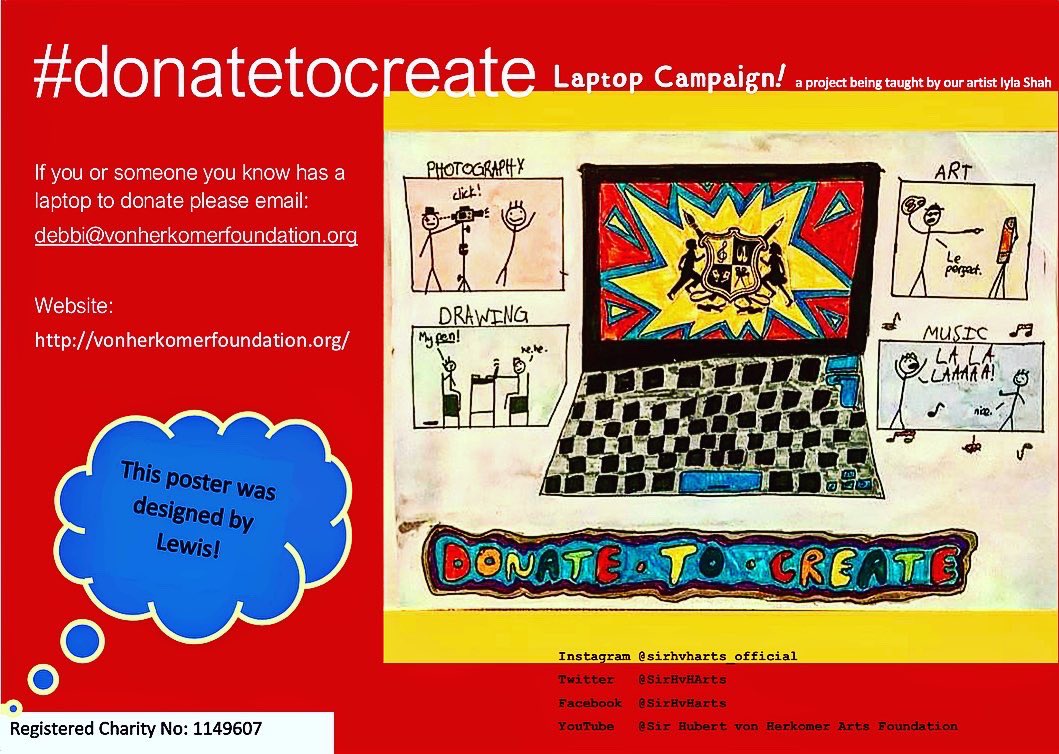 SirHvHArts's tweet photo. our #donatetocreate poster campaign created by our young people are in desperate need of laptops we are looking for any donations new or old to enable them to join our projects operating online as many of our families do not have their own devices please #retweet #DigitalDivide https://t.co/hQ3crNSoVS