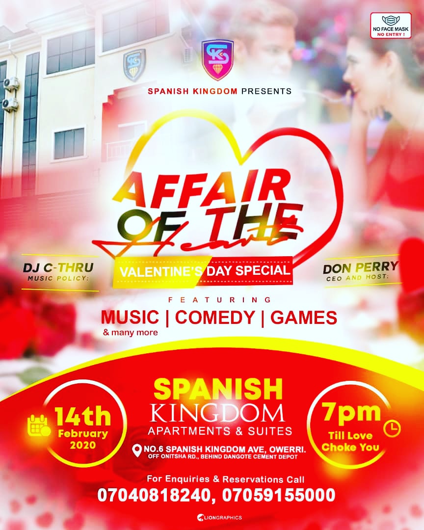 Celebrate Love ❤️ this Valentine @ Spanish Kingdom Resort 💥 Valentine Special 💥 "AFFAIRS OF THE HEART" 💥🔥 Music, Comedy &amp; lots more!
#fearwomen fear women #lori_iro #Livestream #lilo president buhari #EricaBanksWithKuda #EricaBanksWithKuda #Erica #EVETOT #Ethereum #Uber #UAE