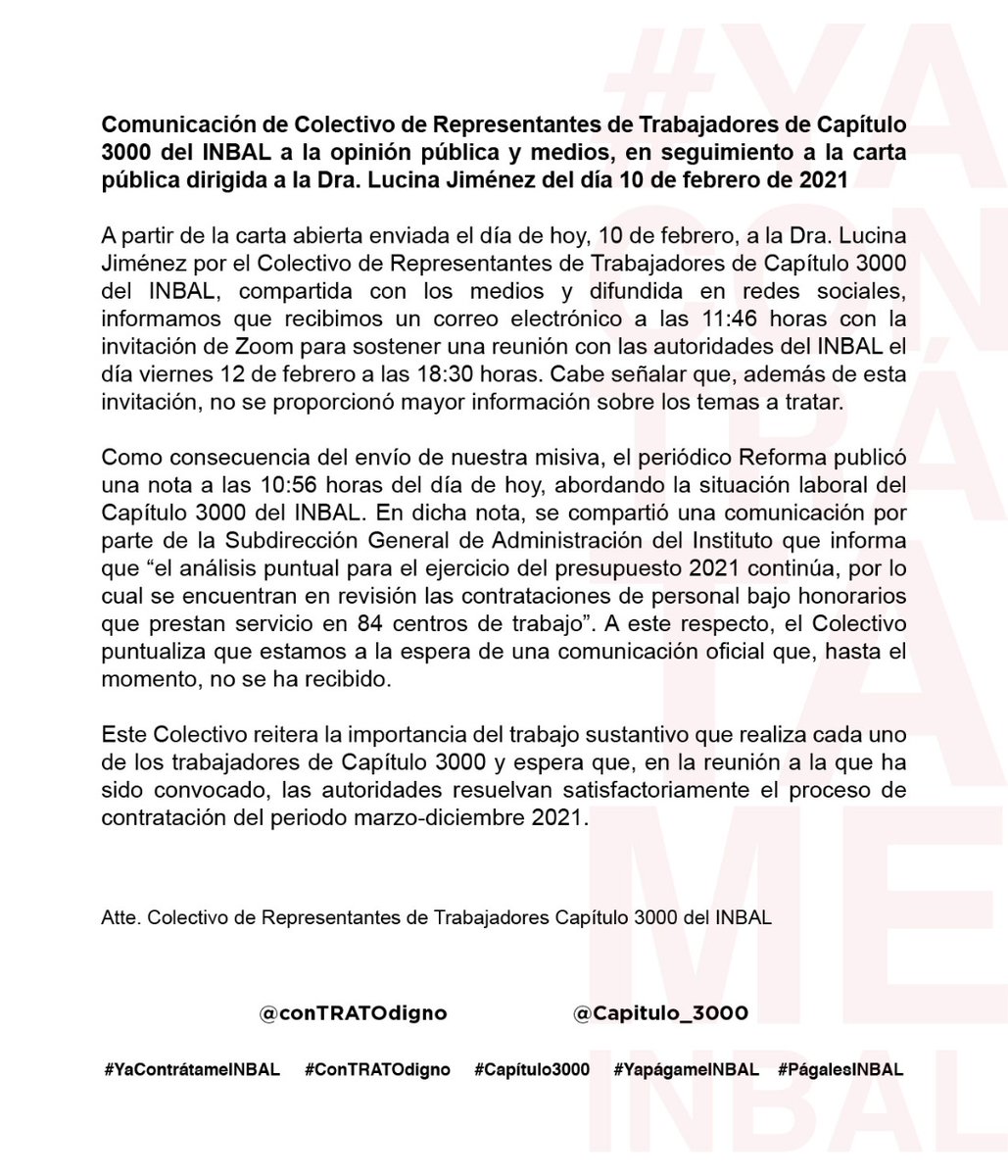🚨🚨 En seguimiento a la carta pública, emitida el día de hoy por este colectivo, les compartimos lo siguiente. #capítulo3000 <a href="/conTRATOdigno/">conTRATOdigno</a> #conTRATOdigno @LucinaJimenez <a href="/alefrausto/">Alejandra Frausto</a> <a href="/bellasartesinba/">Instituto Nacional de Bellas Artes y Literatura</a> <a href="/cultura_mx/">Secretaría de Cultura</a>