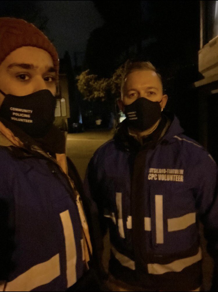 KitsFairCPC's tweet photo. Tonight two of our dedicated volunteers headed out into the cold for an evening foot patrol in Kits. #CommunitySafety #TeamWorkWednesday                             P.S They are wearing our new “Community Policing Volunteer” masks! 😊👍 https://t.co/QD1A4NdX8O