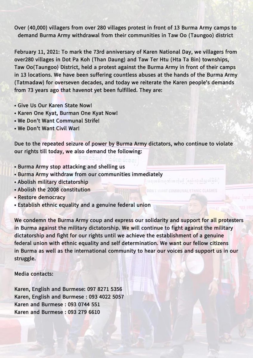 Today, on 37rd Karen National Day, over 40,000 villagers from more than 280 villages in Taw Oo (Taungoo) district protest in front of #Myanmar military camps, condemn #Myanmarcoup &amp; demand military camp withdrawal from Karen area . #HearTheVoiceOfMyammar