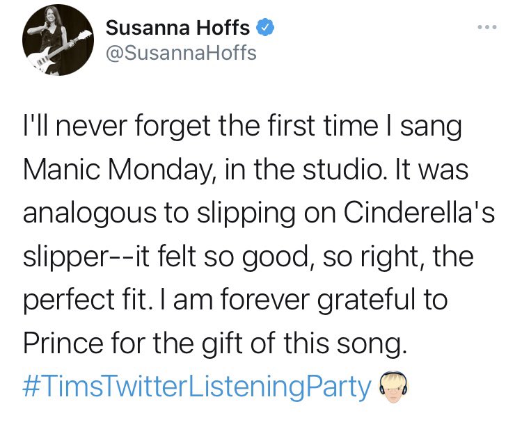 And more from the still gorgeous  @SusannaHoffs from last month’s   #TimsTwitterListeningParty   Btw the other song that was offered to The Bangles alongside Manic Monday was “Jealous Girl”.