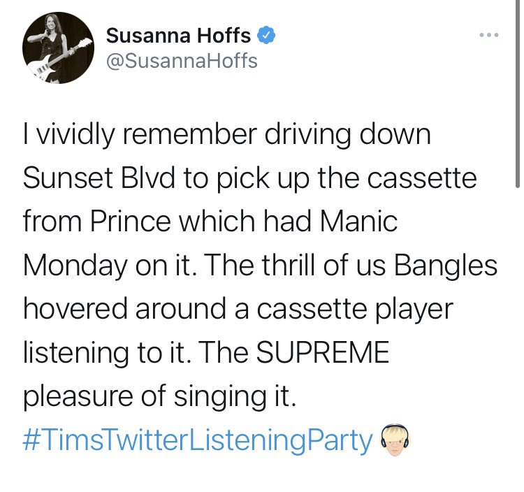 And more from the still gorgeous  @SusannaHoffs from last month’s   #TimsTwitterListeningParty   Btw the other song that was offered to The Bangles alongside Manic Monday was “Jealous Girl”.