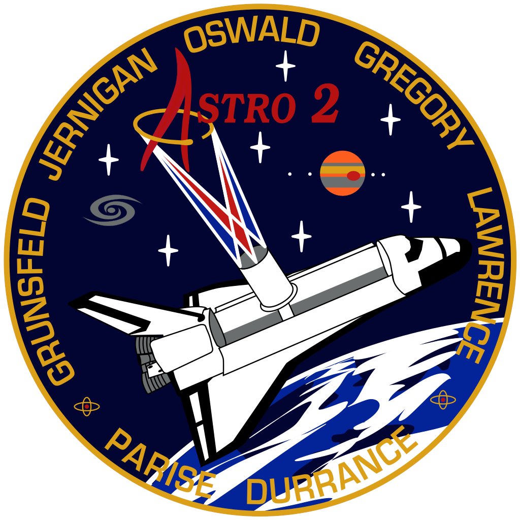 OV105Endeavour's tweet photo. On this day in 1995, at 06:38 UTC, I lifted off on STS-67 carrying the Astro-2 Spacelab mission.

Crew:
- Front: Commander Stephen Oswald, MS3 Tamara Jernigan, Pilot William Gregory
- Back: PS2 Ronald Parise, MS2 Wendy Lawrence, MS1 John Grunsfeld, PS1 Samuel Durrance https://t.co/ETvpO5nKR9
