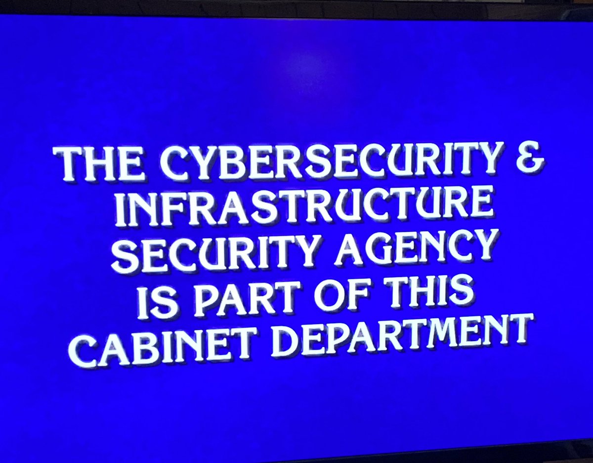 CatBoland's tweet photo. This was a clue on tonight’s episode of @Jeopardy. A year ago, I had never heard of this agency. Now, not only do I know the question to this answer, I also know their role in determining essential critical infrastructure workers. https://t.co/sGG7HjLCc6
