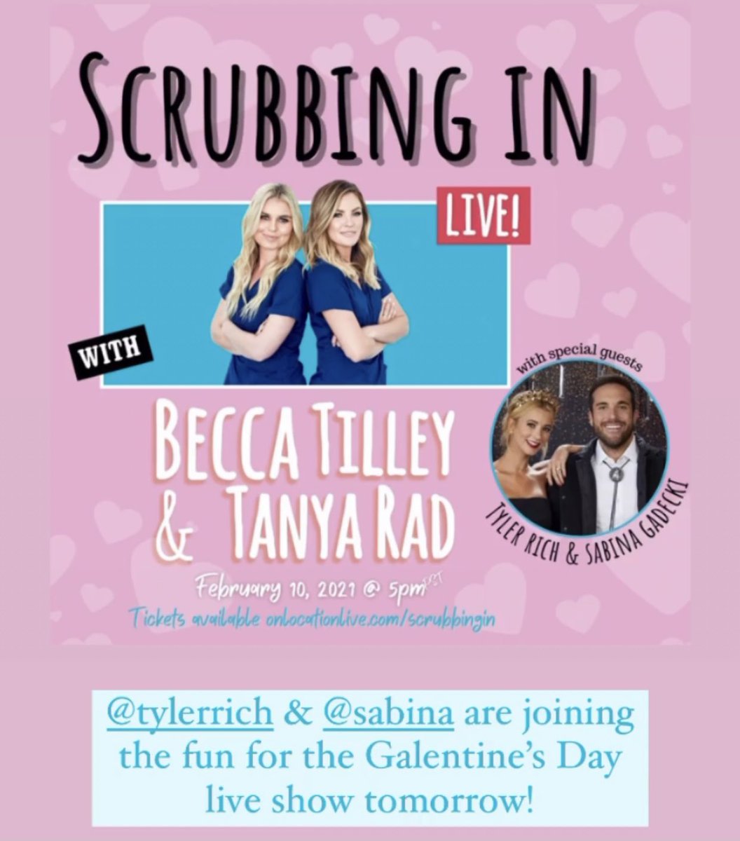 SabinaGadecki's tweet photo. Please join @TylerRichMusic, @TanyaRad, @beccatilley5 &amp; I on #ScrubbingIn at 5pm PST! Can’t wait for tonight! 💕

https://t.co/w4uhLpX1JI https://t.co/KMWRVb8rQd