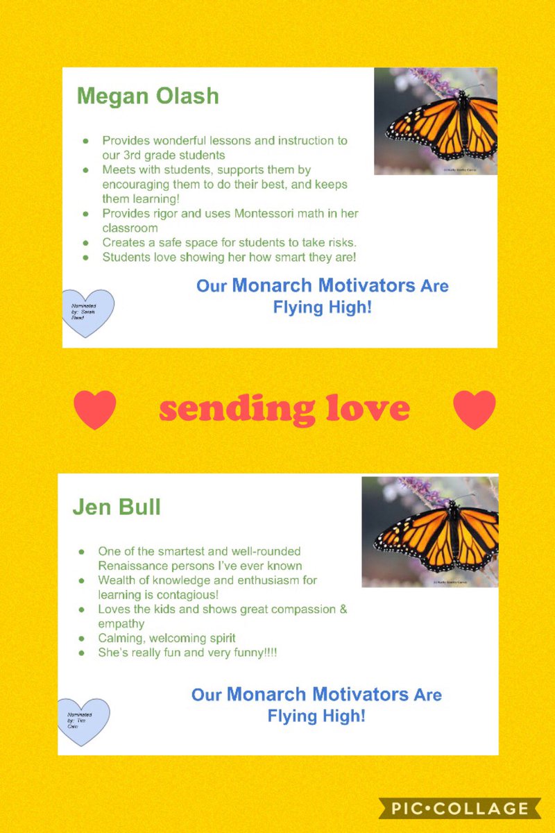 CTMontessori1's tweet photo. .@CTMontessori1 Our staff nominated Ms. Bull, Ms. Olash, Ms. Hinson and Mr. Cain for Monarch Motivators of the week!!! WE are sending family LOVE for being positive change agents in our school! #MightyMonarchs #PollinatePositivity 🌍🦋 https://t.co/ZpGNMilDcH