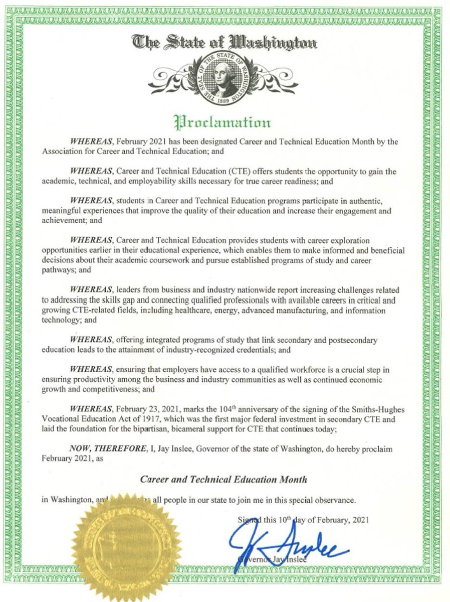 waOSPI_CTE's tweet photo. Governor Inslee signed the CTE Month Proclamation today! #CTE #CTEMonth #CTEWorks #WAedu @waOSPI https://t.co/2wCYoyides