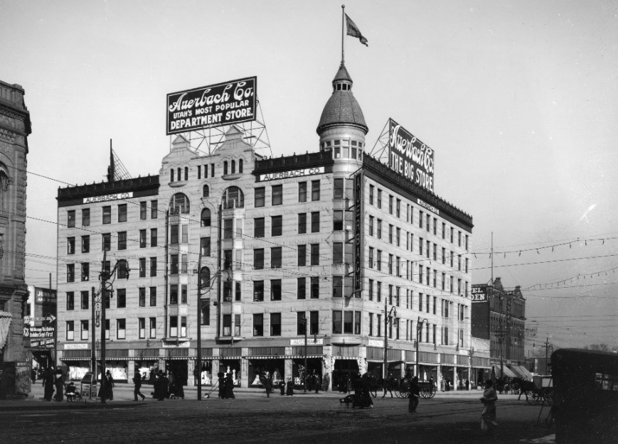 The Auerbach Building. Located on the corner of State Street and Broadway (300 S), this gem was home to the Auerbach Department Store until they moved in the 1930s. It was then demolished for the Centre Theater, which was then demolished for an office building in the 80s: