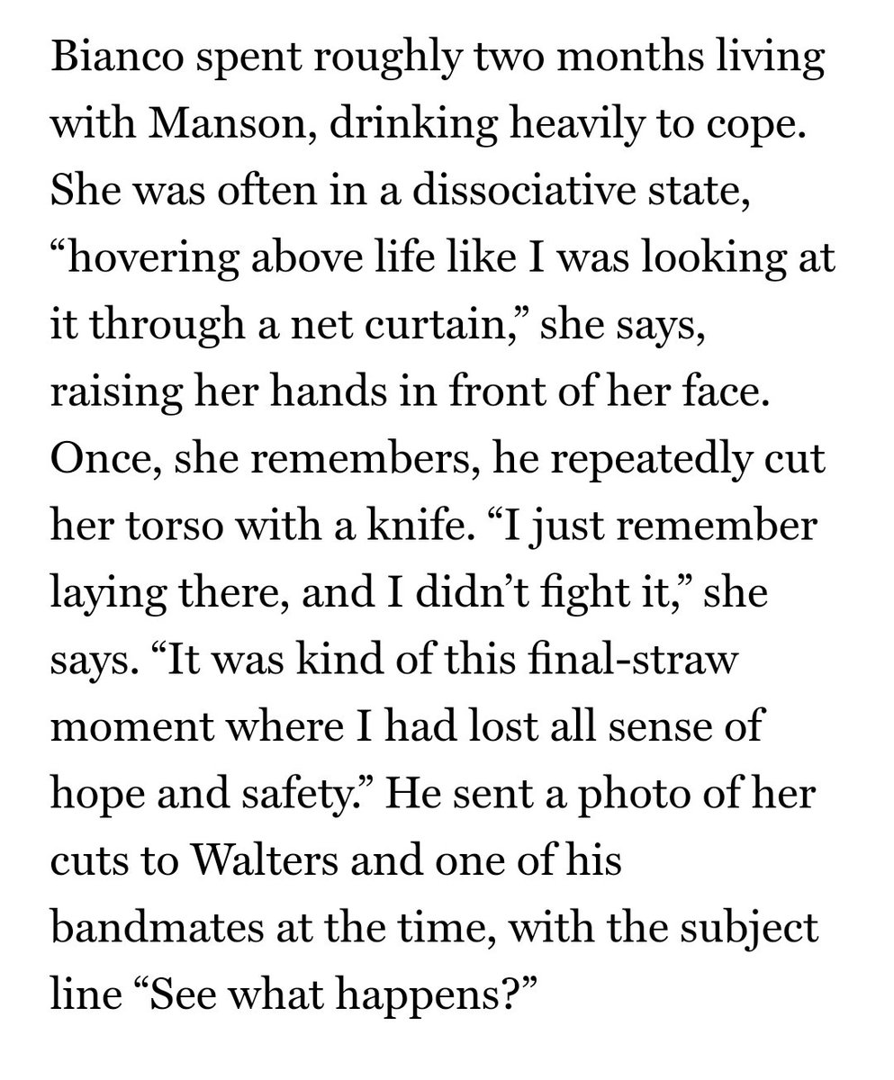 Tw / Intense domestic/emotional abuseI read Esmé Bianco's interview with  @TheCut about her relationship with Marilyn Manson. I don't hope he gets the help he needs, I hope he gets the punishment he deserves. He doesn't deserve to be a better person. He destroys better people.