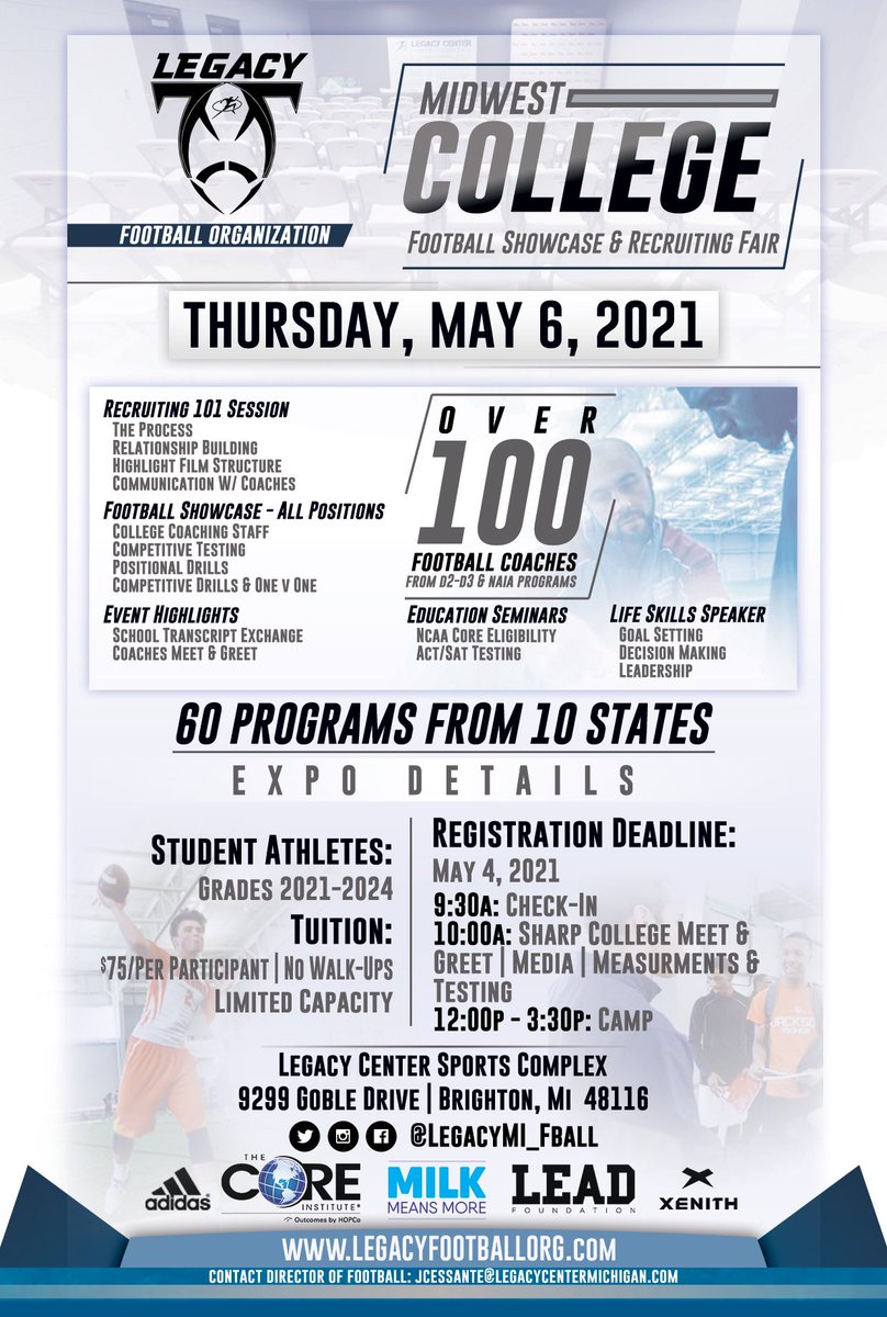 Legacy Football Midwest College Showcase May 7, 2021! Largest recruiting platform in the Region! Register at legacyfootballorg.com!   Space Limited, No Walk Ups #jointhemovement #Legacy