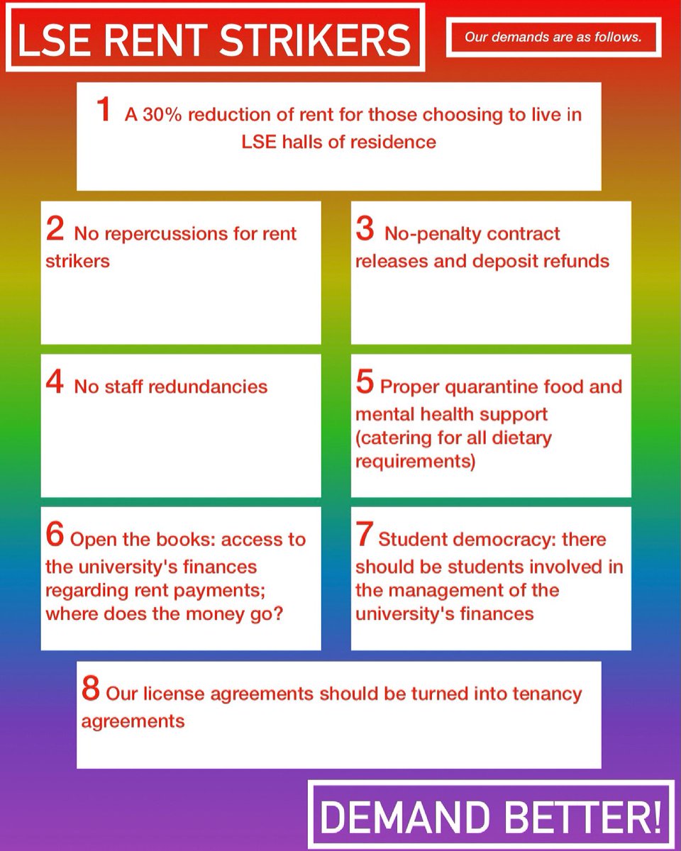 LSE RENT STRIKE DEMANDS, PRIDE MONTH EDITION 🏳️‍🌈 The #LSE Rent Strike is continuing the fight for justice for students. We have decided to retain demand #2, despite it having been achieved, as it is a set piece demand. The fight continues! <a href="/LSEnews/">LSE</a>