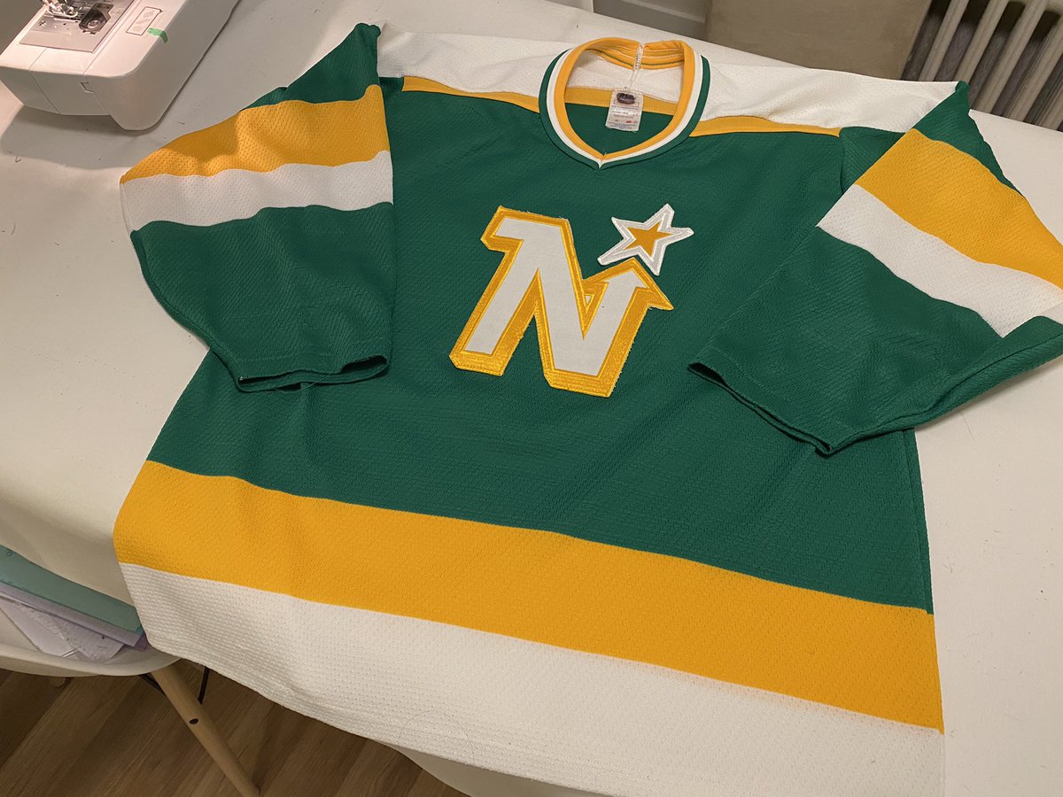 Jersey rehab project. Got a few small jerseys from  @daveyboy604 including this North Stars one. Turns out it’s an adult M and fits me. The back has heat pressed numbers in bad condition, but the jersey is in good shape.