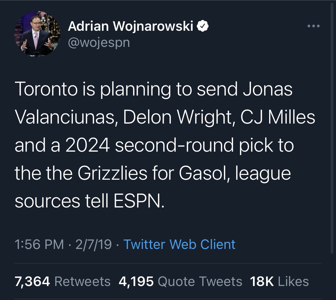 February 7th 2019: Ujiri pulls the trigger on another massive deal, acquiring all star and DPOY center Marc Gasol, for another fan favorite in Jonas Valanciunas, Delon Wright, CJ Miles and a 2024 second round pick