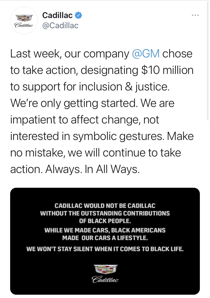 . @gm and  @cadillac, major sponsors of Fox News, gave $10 million to fund racial justice. Today, they continue to sponsor Fox shows which say Black Lives Matter has torn the fabric of our country.