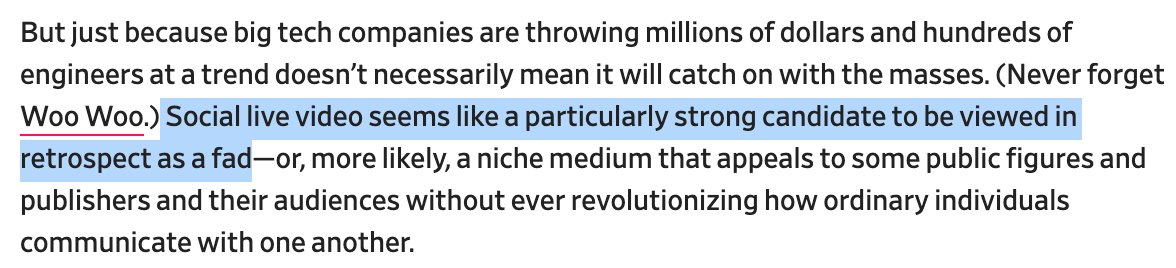 "For most people it's literally terrifying to be on live video,"  @kayvz said. "It's one of the early insights we had at Periscope I think we were not fast enough to act on, to lower the barrier" to going live. (I agree, & wrote this about FB Live in 2016:  https://slate.com/business/2016/04/is-facebook-live-video-the-future-or-the-latest-social-media-fad.html)